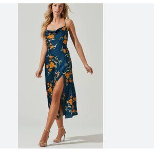 ASTR Gaia cowl neck Satin Floral Midi asymmetrical hem Slip Dress Sz S